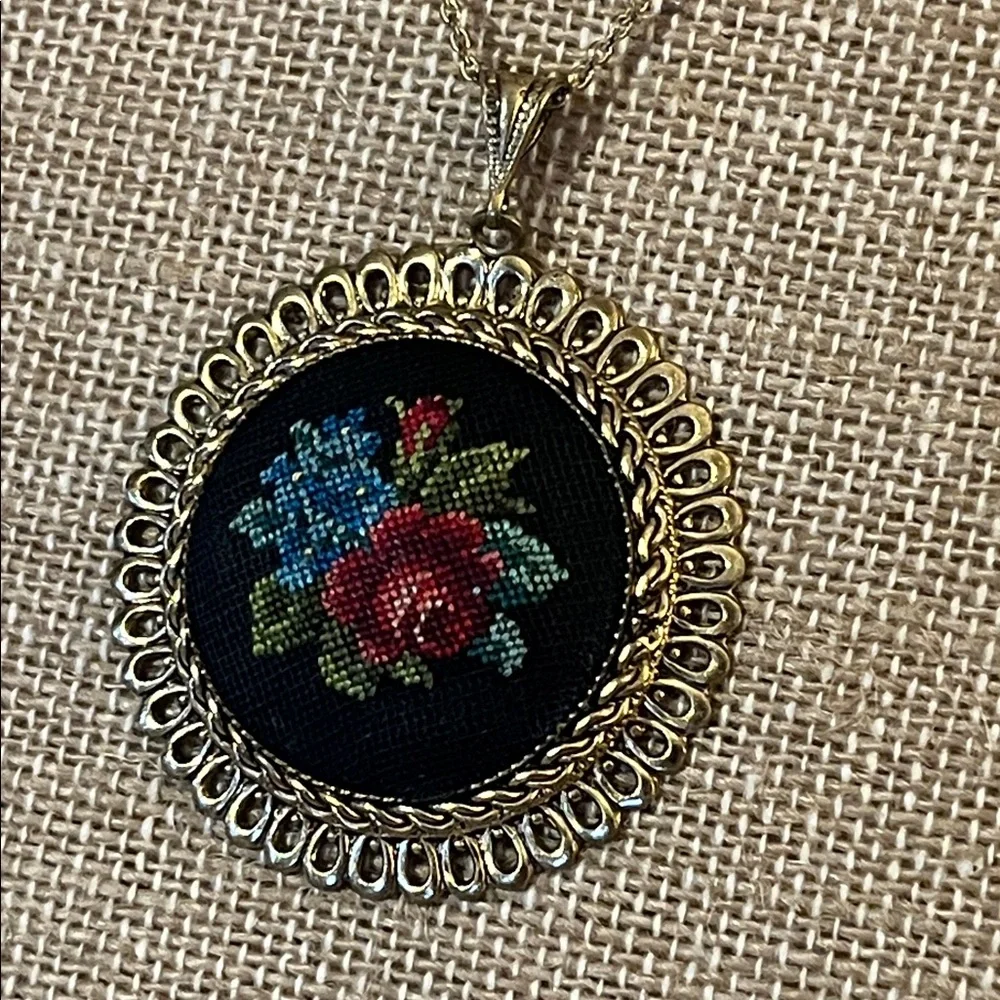 Gold Tone Pendant Necklace‎ with Petit Point Embroidered Floral Design